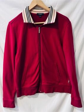 Burberry Women’s Crimson Zip Up Jacket Distinctive Cream & Black Collar